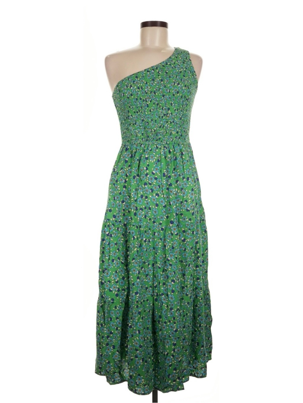 Zesica Smocked One-Shoulder Green Floral Maxi Dress